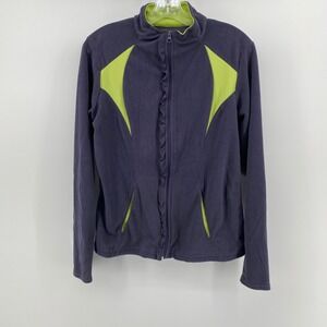 BCG Women Gray Fleece Full Zip Jacket Neon Green Trim Ruffle Detail Medium